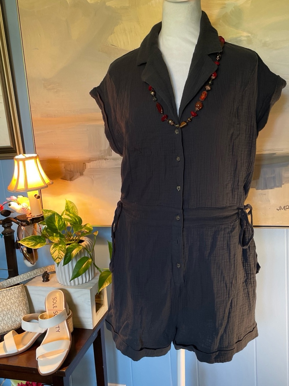 Hem & Thread Black Gray Short-Sleeve Button Romper with Tie Waist
